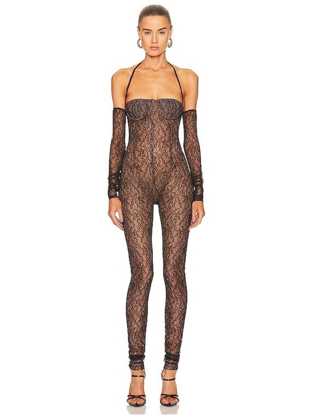 LaQuan Smith Black Sheer Lace Strapless Jumpsuit